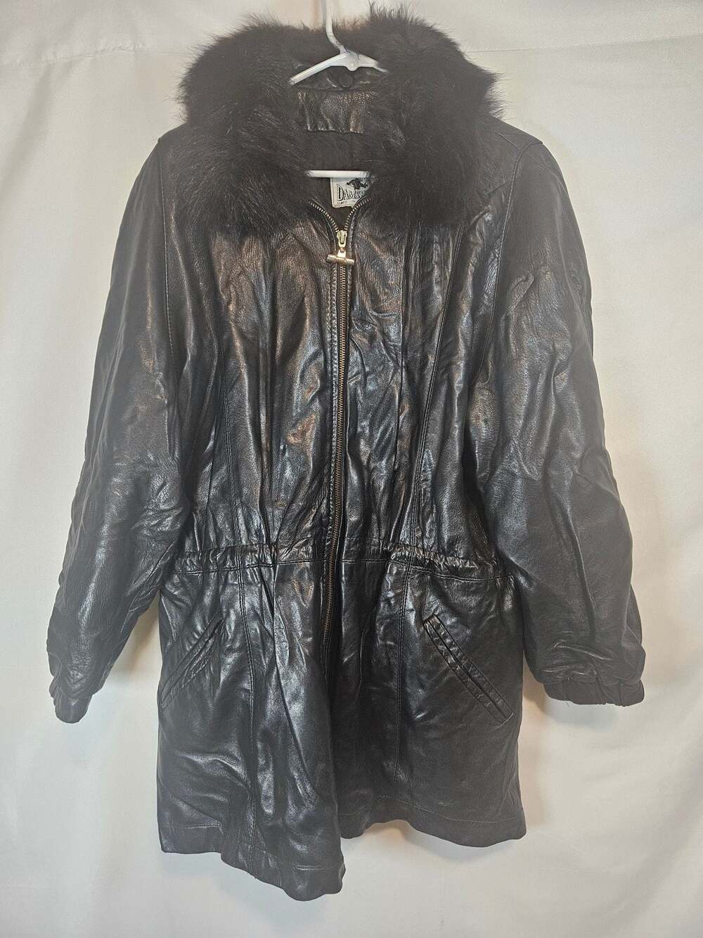 Vintage Damselle New York Black Leather Fur Hood Parka Jacket Coat XS